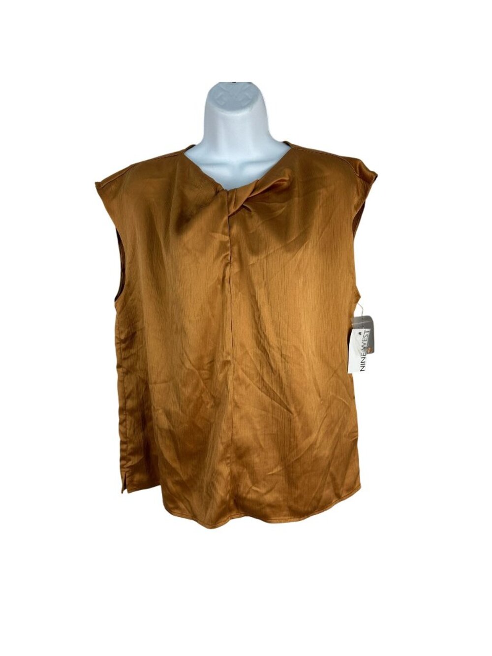 Nine West Womens Sleeveless Top L Copper Brown Twist Front Lightweight